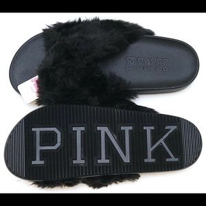NWOT pink black slippers with fuzzy detail